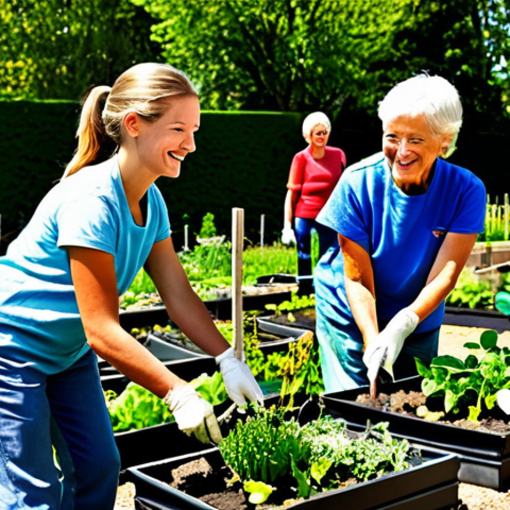 **

"A group of diverse volunteers of different ages are working together in a community garden, tending to plants and interacting positively. They are fully clothed in appropriate gardening attire, smiling and engaged. Background shows a sunny day and a thriving garden. Safe for work, appropriate content, fully clothed, professional, family-friendly, perfect anatomy, natural proportions, well-formed hands, proper finger count, natural pose."

**