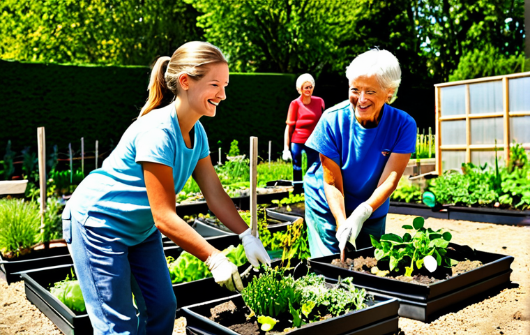 **

"A group of diverse volunteers of different ages are working together in a community garden, tending to plants and interacting positively. They are fully clothed in appropriate gardening attire, smiling and engaged. Background shows a sunny day and a thriving garden. Safe for work, appropriate content, fully clothed, professional, family-friendly, perfect anatomy, natural proportions, well-formed hands, proper finger count, natural pose."

**