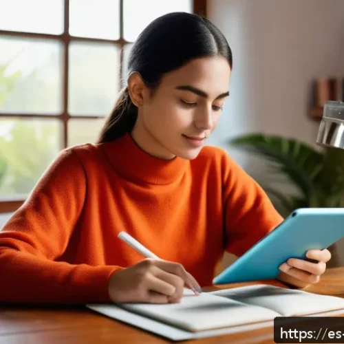 Home 30 신경가소성과 뇌 건강 - A vibrant scene of a young adult woman sitting at a cozy home desk, focused intently on a tablet scr...