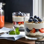 Home 19 뇌 건강을 위한 음식 조리법 - A vibrant breakfast scene featuring a clear glass parfait filled with creamy natural yogurt, layered...