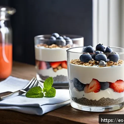 Home 29 뇌 건강을 위한 음식 조리법 - A vibrant breakfast scene featuring a clear glass parfait filled with creamy natural yogurt, layered...
