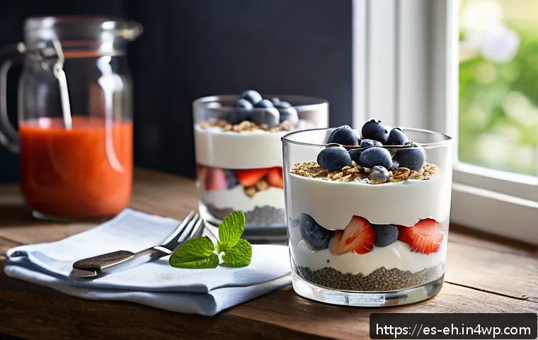 뇌 건강을 위한 음식 조리법 - A vibrant breakfast scene featuring a clear glass parfait filled with creamy natural yogurt, layered...