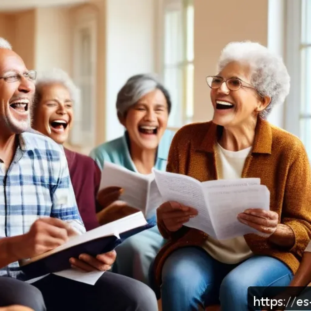 싱잉과 뇌 건강의 관계 - A diverse group of middle-aged and elderly people singing joyfully in a bright, cozy community cente...