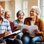 Home 18 싱잉과 뇌 건강의 관계 - A diverse group of middle-aged and elderly people singing joyfully in a bright, cozy community cente...