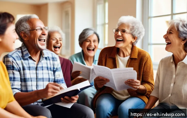 싱잉과 뇌 건강의 관계 - A diverse group of middle-aged and elderly people singing joyfully in a bright, cozy community cente...