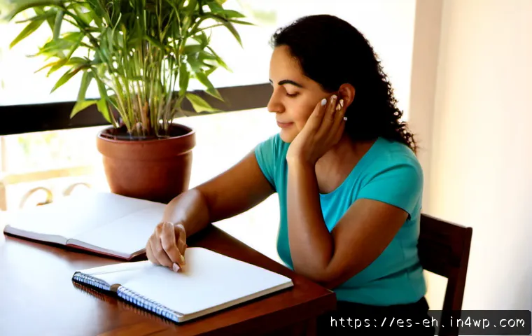 감정관리와 뇌 건강의 상관관계 - Photorealistic lifestyle scene of a middle-aged Hispanic woman practicing calm emotional regulation ...
