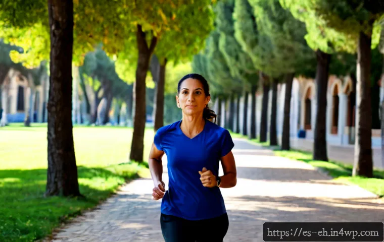 스포츠와 뇌 건강의 관계 - Photorealistic morning scene in a sunlit Spanish city park, an active middle-aged Hispanic woman in ...