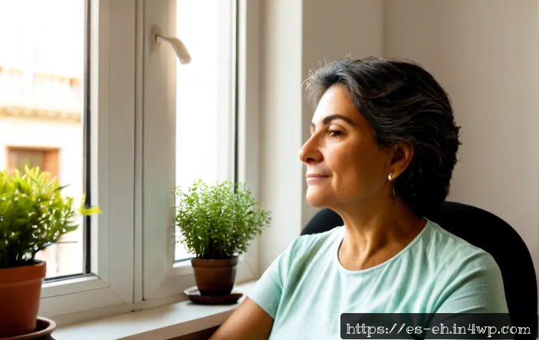 심리적 안정과 뇌 건강 - Photorealistic middle-aged Hispanic woman practicing calm morning breathing beside a sunny apartment...